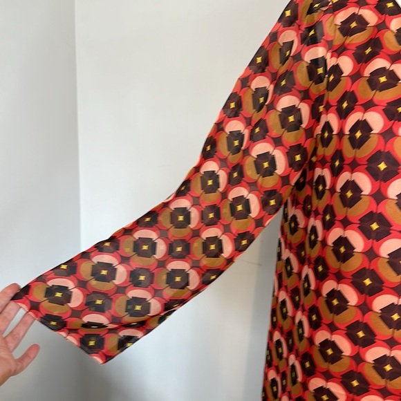 Fossil 100% Silk Quarter Sleeve Mod 70s Style Midi Floral Design Dress Medium - Picture 3 of 7